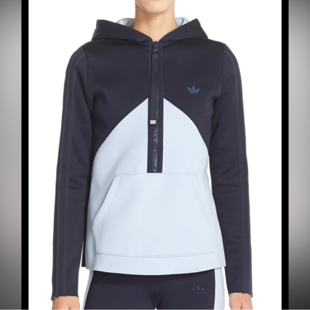 Adidas Blue Half Zip Logo Neoprene Long Sleeve Pullover Hoodie Women's Size L